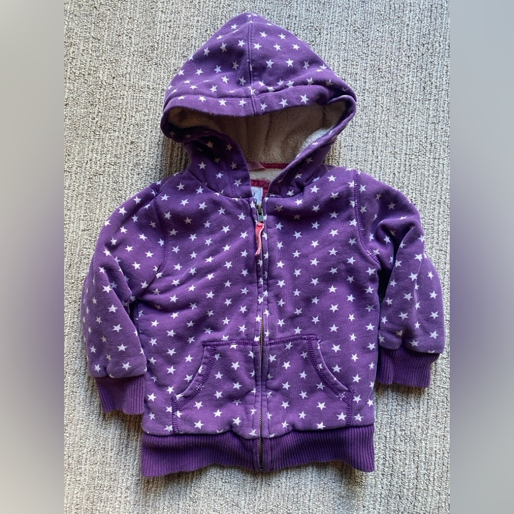 Mini Boden Size 2/3Y Purple Star Sherpa Lined Zip Hoodie
